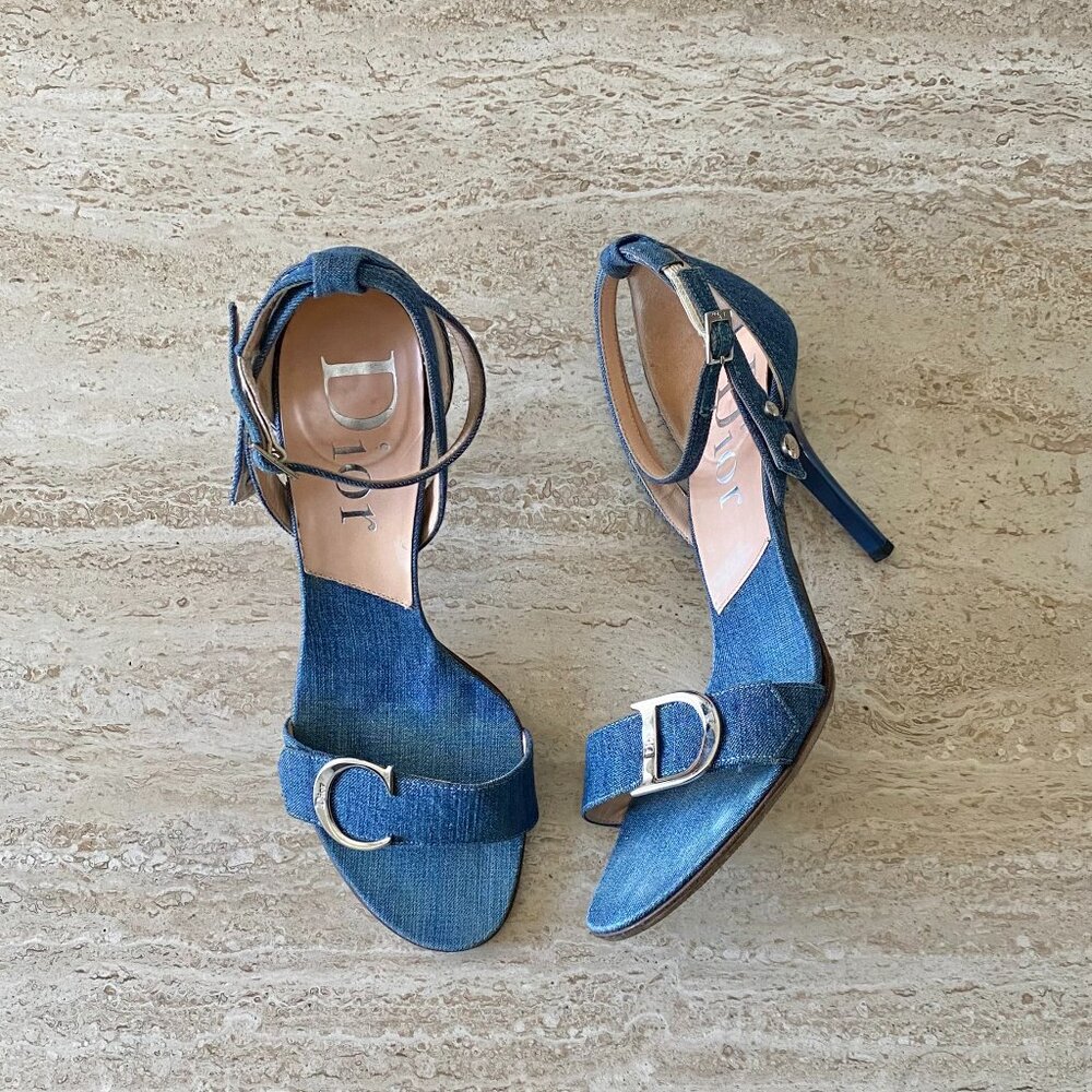 Vintage Dior denim CD Ankle Strap Sandal Heels